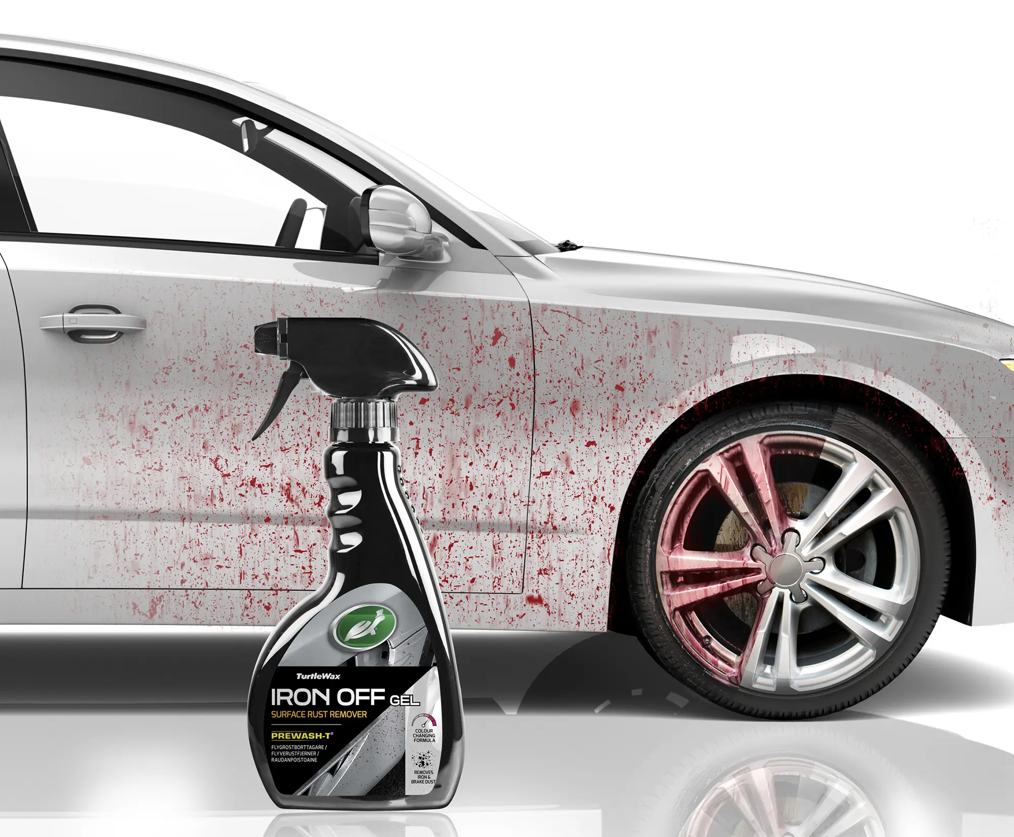 Dette er et bilde hvor Turtle Wax Iron Off er sprayet på bilen. Du ser at produktet har skiftet til rødt